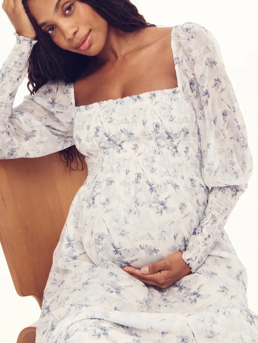 NWT House Nap DressSmocked Square-Neck Maternity Maxi Dress in Light Blue Flor - Picture 1 of 4